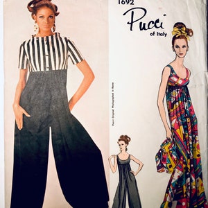 Patrón de costura de mono y chaqueta corta para pantalones palazzo de pierna ancha de Pucci, Vogue 1692, años 60 - Vogue Couturier Busto 34 / Talla 14