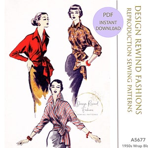 Vintage 1950s Wrap Blouse Pattern 50s V-neck blouse Top 32&quot; Bust 32b Womens Sewing Patterns Reproduction Repro Advance 5677