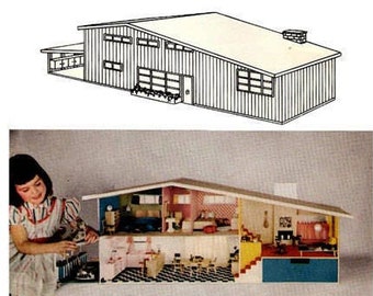 Dollhouse Plans Mid Century Split Level Doll House DiY Betsy McCall Eames Style Dollhouse McCalls 150 ONE CONTINUOUS SHEET *Reproduction*