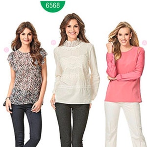 BURDA 6568 Misses&#39; Feminine Blouse, Top Pattern - 3 Variations Size 8 10 12 14 16 18 20 UNCUT Easy to Sew Womens Sewing Patterns