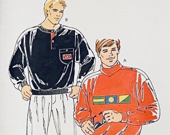 Vintage Kwik Sew 1925 Mens Shirt, Sweatshirt Sewing Pattern Long Sleeves Sweatshirt with Turtleneck Option Size S M L XL Chest 34-48 UNCUT