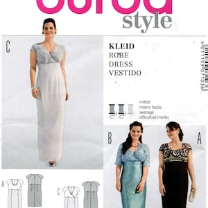 Può includere: Un modello di cucito Burda Style con vari modelli di abiti. La copertina mostra una donna in un lungo abito chiaro. Il modello include tabelle delle taglie in taglie USA ed EUR. La parola "Abito" è visibile.