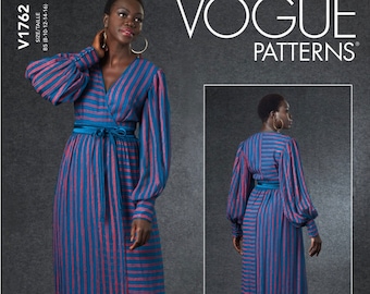 2020s Vogue 1762 Special Occasion Dress Sewing Pattern - Long Sleeves Wrap Dress Size 8-16 / 31.5-38" Bust - UNCUT