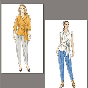 May include: Two illustrations of women wearing different versions of a wrap top. The top on the left is a yellow short-sleeved top with a tie at the waist. The top on the right is a white sleeveless top with a tie at the waist. Both women are wearing pants.