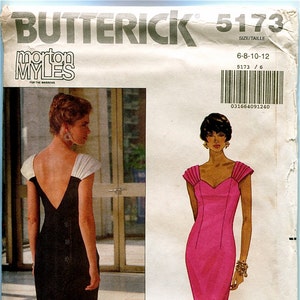 1990s Vintage Butterick 5173 Morton Myles Deep V-Back Cap Shirred Sleeves Evening Cocktail Dress Size 6 8 10 12 UNCUT Womens Sewing Patterns