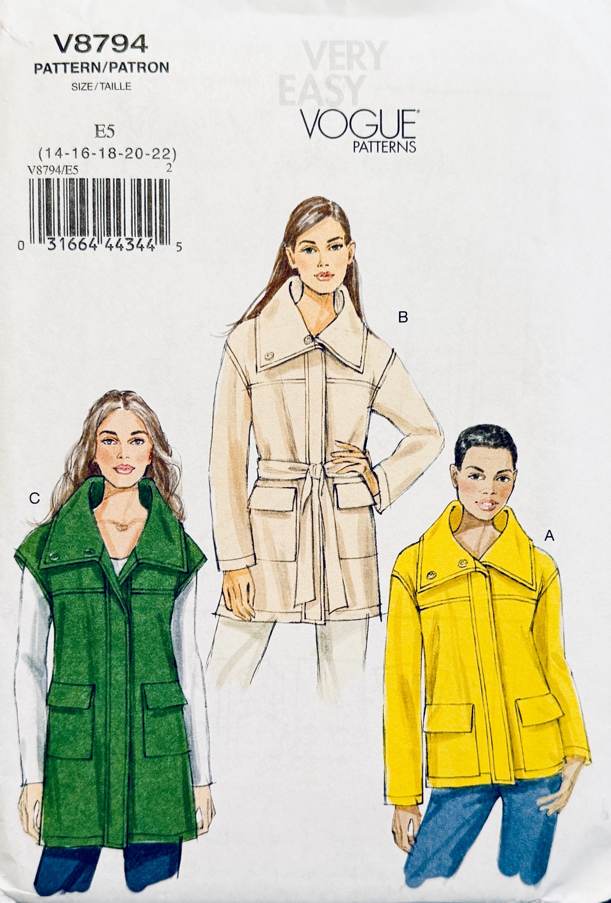 Vogue 8794 Loose Fitting, Unlined Jacket and Vest Pattern Bust 36