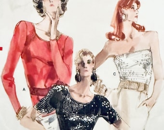 Vintage 1990s VOGUE 7109 Long or Short Sleeves Pullover Tops Tube Top Sewing Pattern Size 6 8 10 Bust 30 31 32 33 UNCuT  Sewing Patterns