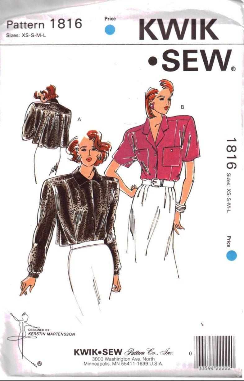 Vintage 1980s Kwik Sew 1816 Front Button Blouse Sewing Pattern
