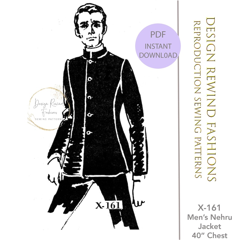 May include: A black and white illustration of a man wearing a Nehru jacket. The illustration is labeled "X-161 Men's Nehru Jacket 40" Chest".
