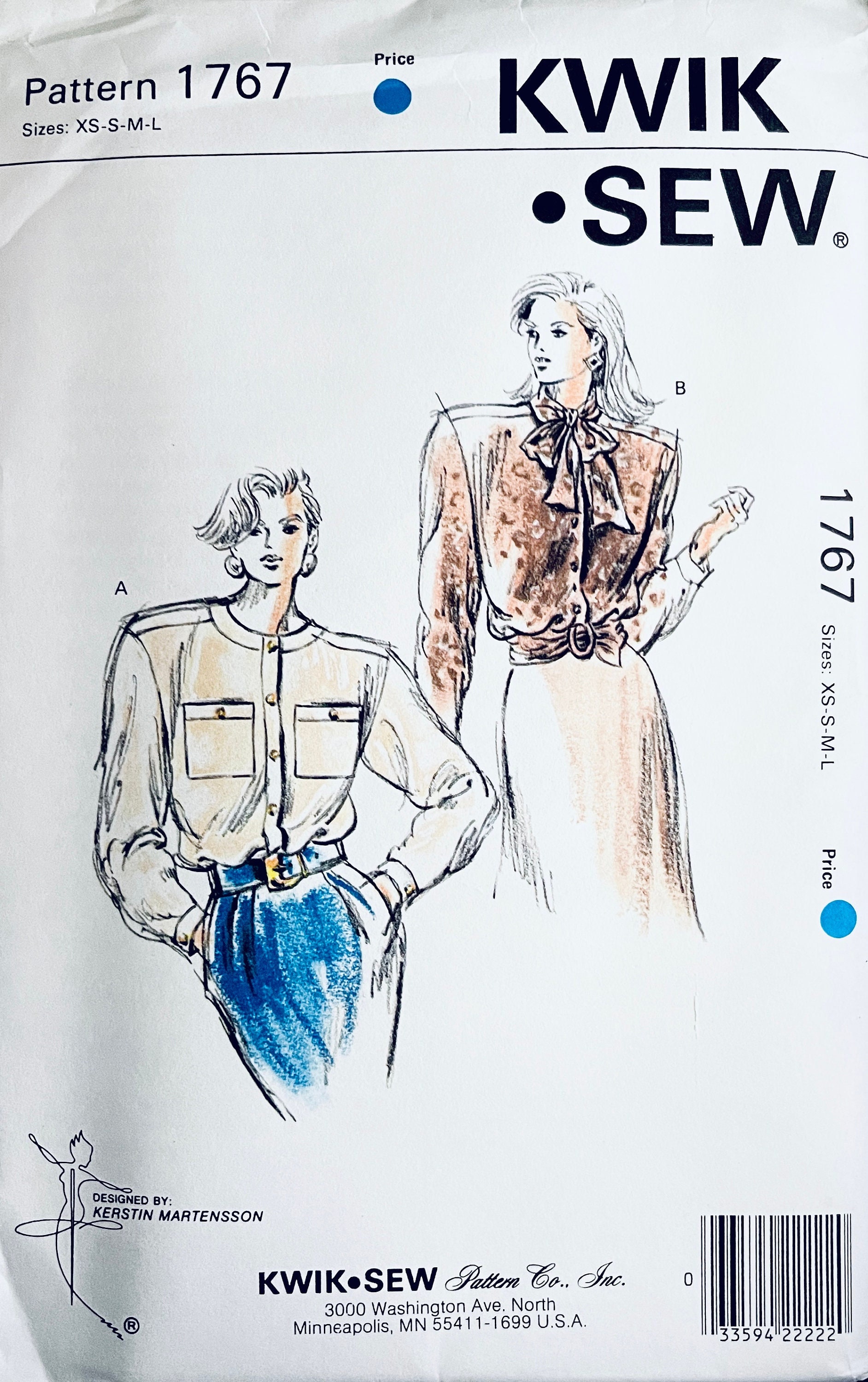 Vintage 1980s Kwik Sew 1767 Pussy Bow Blouse Sewing Pattern, Front
