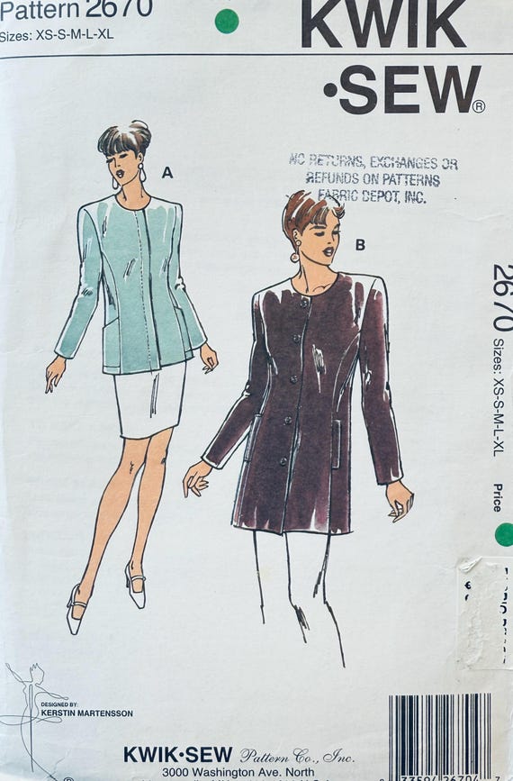 1980年代ヴィンテージ Kwik Sew 2670 襟なしジャケットの縫製パターン