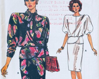 1980s Vogue 9459 Sewing Pattern, Blouson Top & Skirt, UNCUT