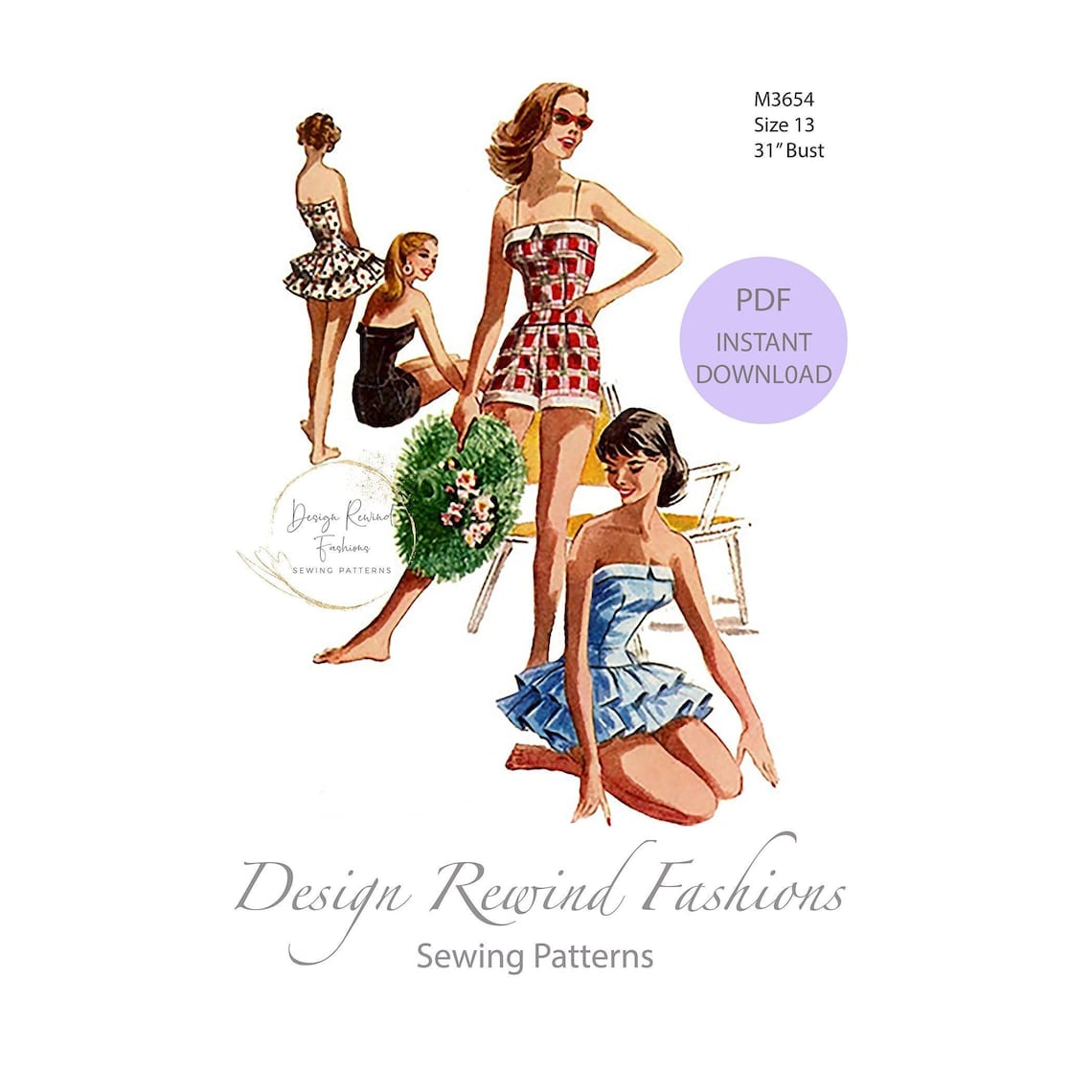 PDF - 1940s Pattern, Women's Bathing Suit & Beachwear Coat, Bombshell - Bust 34