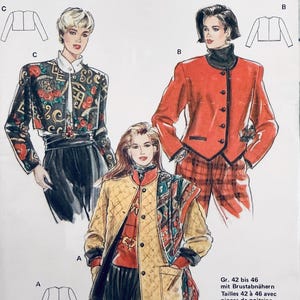 May include: A vintage sewing pattern from Burda Super Easy, featuring illustrations of women's jackets and a blazer. The pattern number is 5018, with sizes ranging from 36 to 46. The image includes text in English and German.