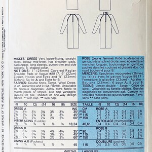 May include: A sewing pattern for a loose-fitting dress with long sleeves, a back zipper, and side pockets. The pattern includes instructions for sizes 8 to 18 and measurements in inches and centimeters. The pattern is for a dress that is below mid-knee length.