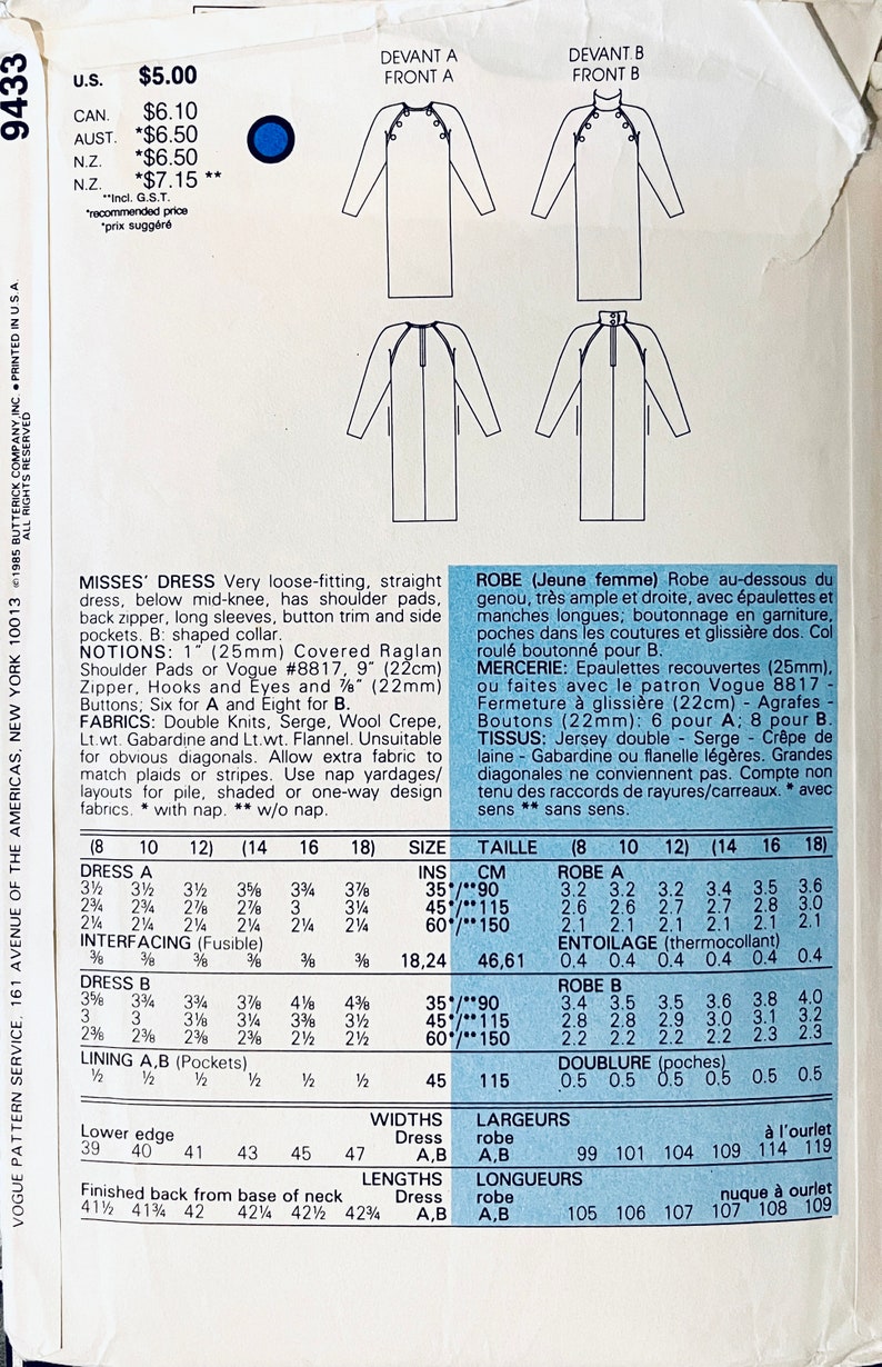 May include: A sewing pattern for a loose-fitting dress with long sleeves, a back zipper, and side pockets. The pattern includes instructions for sizes 8 to 18 and measurements in inches and centimeters. The pattern is for a dress that is below mid-knee length.