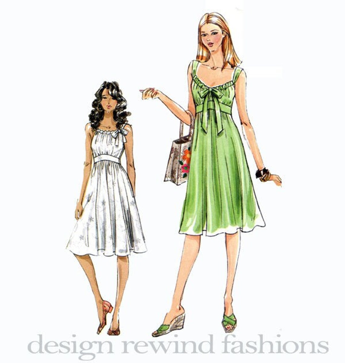 VOGUE DRESS PATTERN Empire Waist Fit & Flare Dress Bow Gathered Bodice
