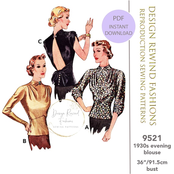 INSTANT DOWNLOAD 1930s Vintage Pattern 30s Open Back Evening Cocktail Blouse Button Back Peplum Top 36 Bust Sewing Patterns Reproduction PDF