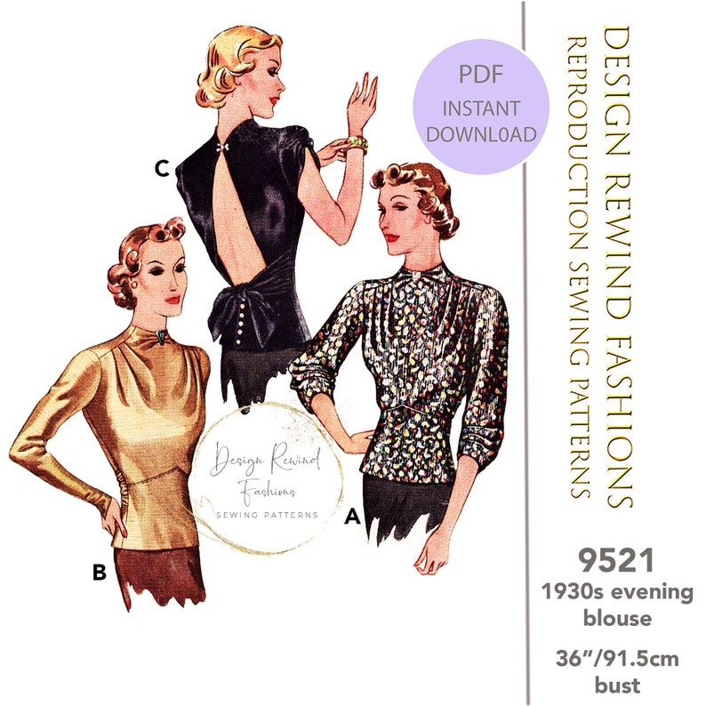 May include: A vintage sewing pattern for a 1930s evening blouse. The pattern includes three different styles: a black blouse with a low back and a bow, a gold blouse with a high neck, and a floral blouse with a high neck. The pattern is for a bust size of 36 inches or 91.5 centimeters.