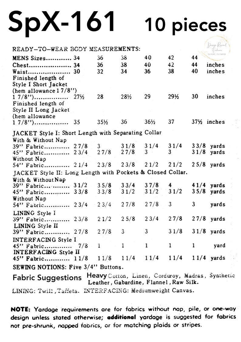 May include: A sewing pattern for a jacket with instructions for different lengths and styles. The pattern includes measurements for various sizes, fabric types, and yardage requirements. The pattern is for a jacket with a separating collar or pockets and a closed collar.