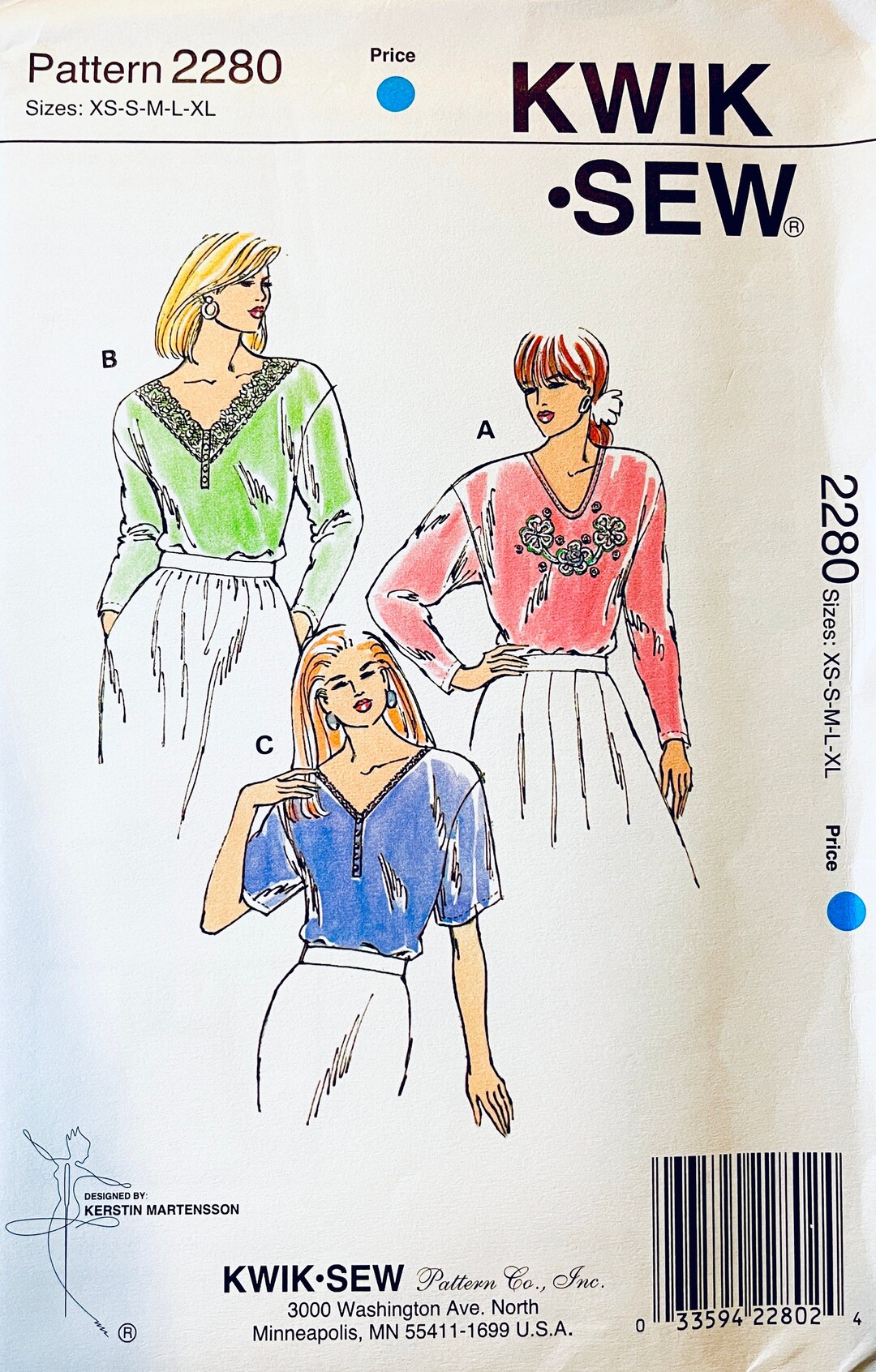 Vintage Kwik Sew 2280 V-neck Pullover Top Blouse Sewing Pattern