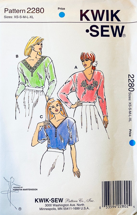 ヴィンテージ Kwik Sew 2280 Vネック プルオーバー トップ ブラウス