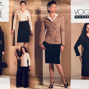 May include: Vogue Wardrobe sewing pattern featuring women's business attire. The pattern includes designs for a blazer, skirt, pants, and a dress. The outfits are in neutral colors, with a focus on classic tailoring and professional style.