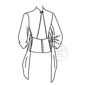 May include: Line drawing of a fashion design featuring a long-sleeved top with a high neckline and a fitted bodice. The top has a unique design with the sleeves tied at the waist, creating a draped effect. The design includes a fitted corset with button closures.