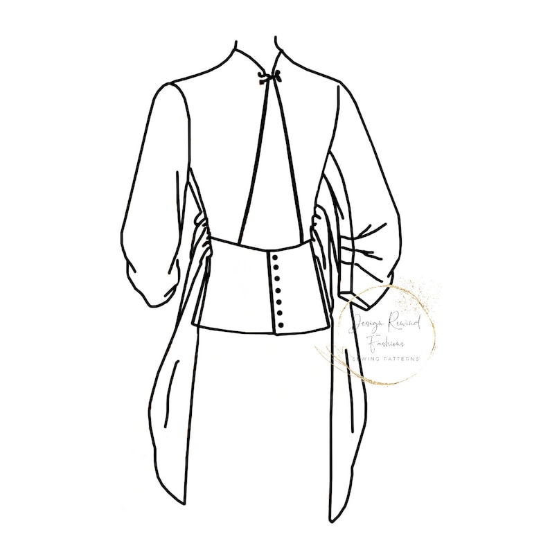 May include: Line drawing of a fashion design featuring a long-sleeved top with a high neckline and a fitted bodice. The top has a unique design with the sleeves tied at the waist, creating a draped effect. The design includes a fitted corset with button closures.
