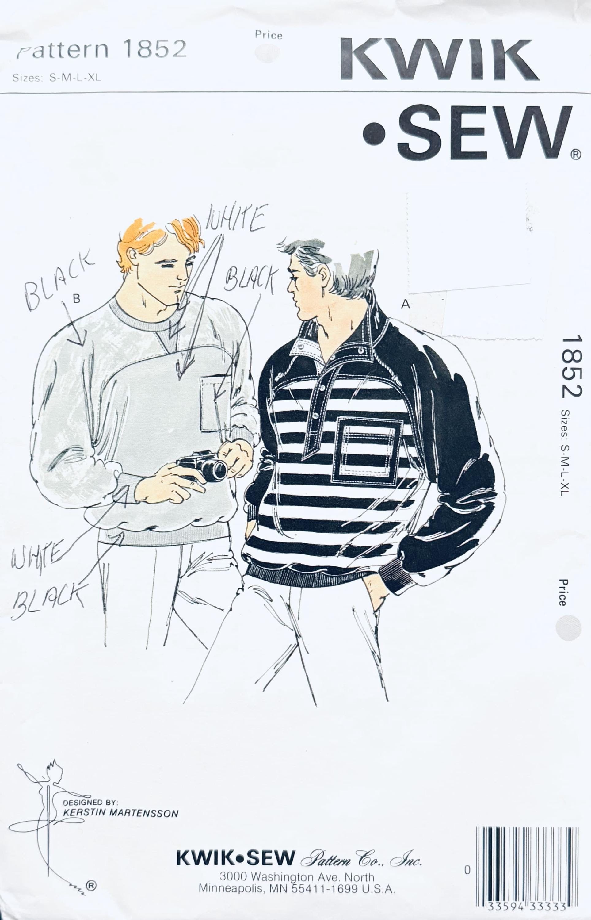 Vintage Kwik Sew 1852 Mens Pullover Shirt Pattern Sweatshirt
