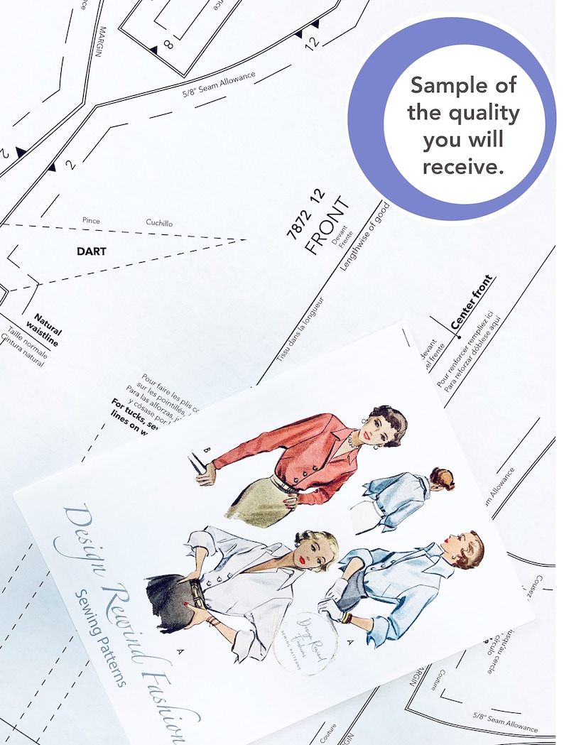 May include: A sewing pattern for a white button-down shirt with a center front detail. The pattern is called "Design Rewind Fashion" and includes instructions for making tucks. The pattern is shown on a white background with a sample of the quality you will receive.