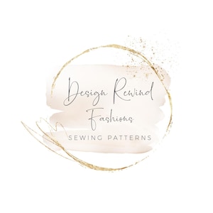 May include: A gold circle with a light pink watercolor background. The text "Design Rewind Fashions" and "Sewing Patterns" is written in black.