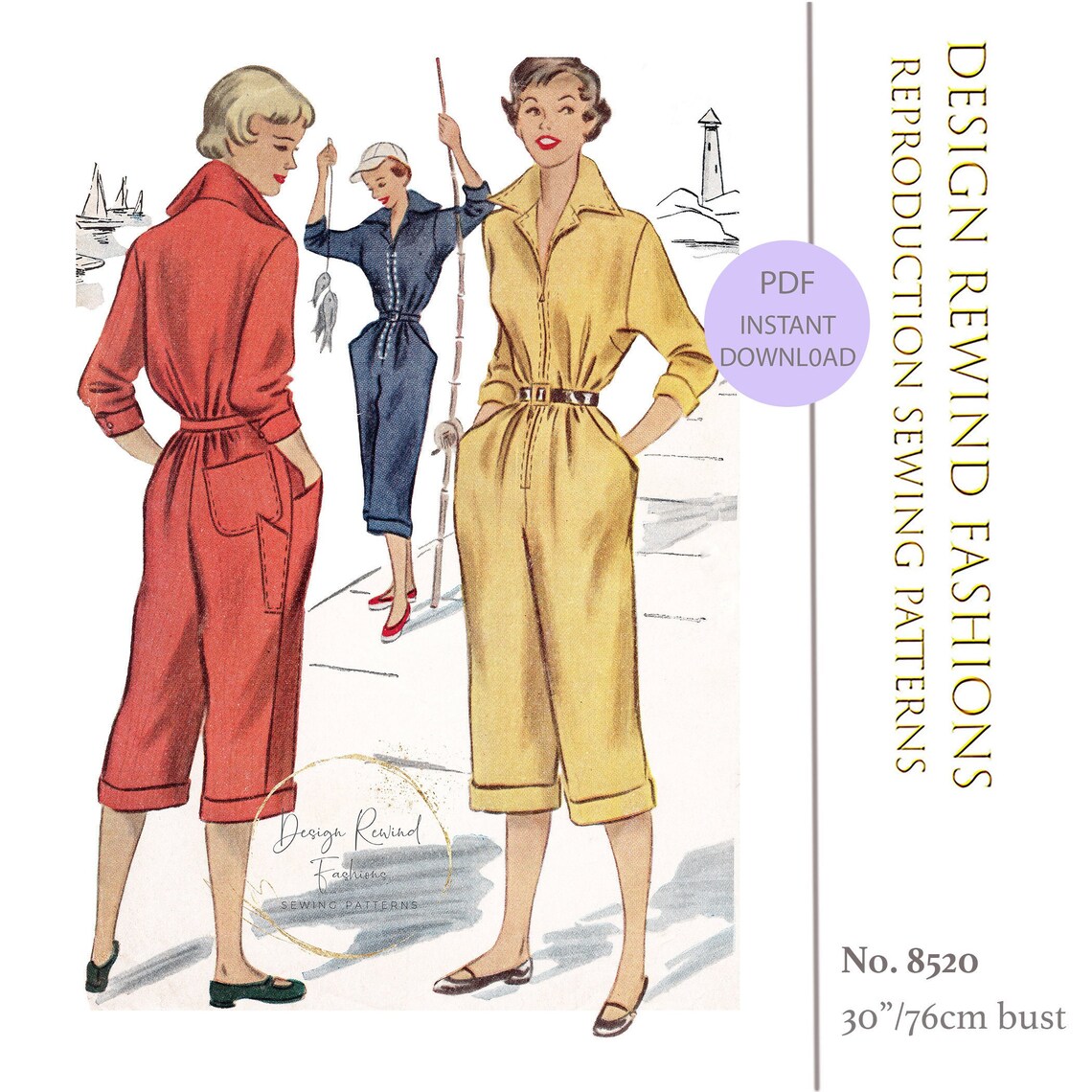 Instant Download Vintage 1950s Pedal-pusher Coveralls Cropped Jumpsuit