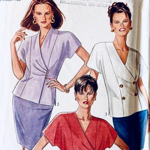 May include: A vintage sewing pattern from New Look featuring three different wrap-style tops. The tops are shown in lavender, white, and red, with coordinating skirts and pants. The pattern size is 8-18.