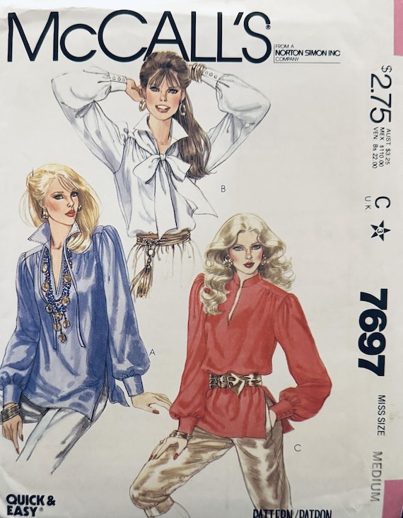 Vintage 1980s Mccalls 7697 Romantic, Feminine Tunics Pullover Tops