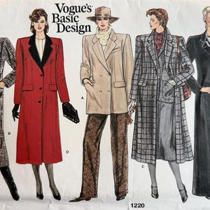 May include: A sewing pattern for five different coats. The pattern is from Vogue's Basic Design and is for size 1220.