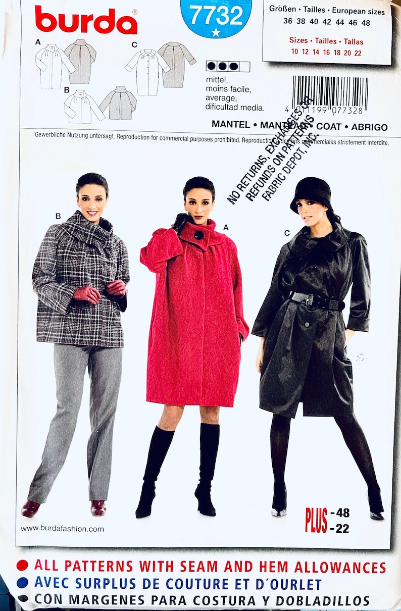 BURDA 7732 Loose Fitting Coat Pattern Pattern or Jacket Pattern With