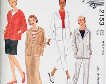 1990s Vintage McCalls 2153 Jacket Pants Skirt in 2 Lengths Cropped Pants, Hooded Jacket Sewing Patterns Size 4 6 8 Petite-able UNCuT