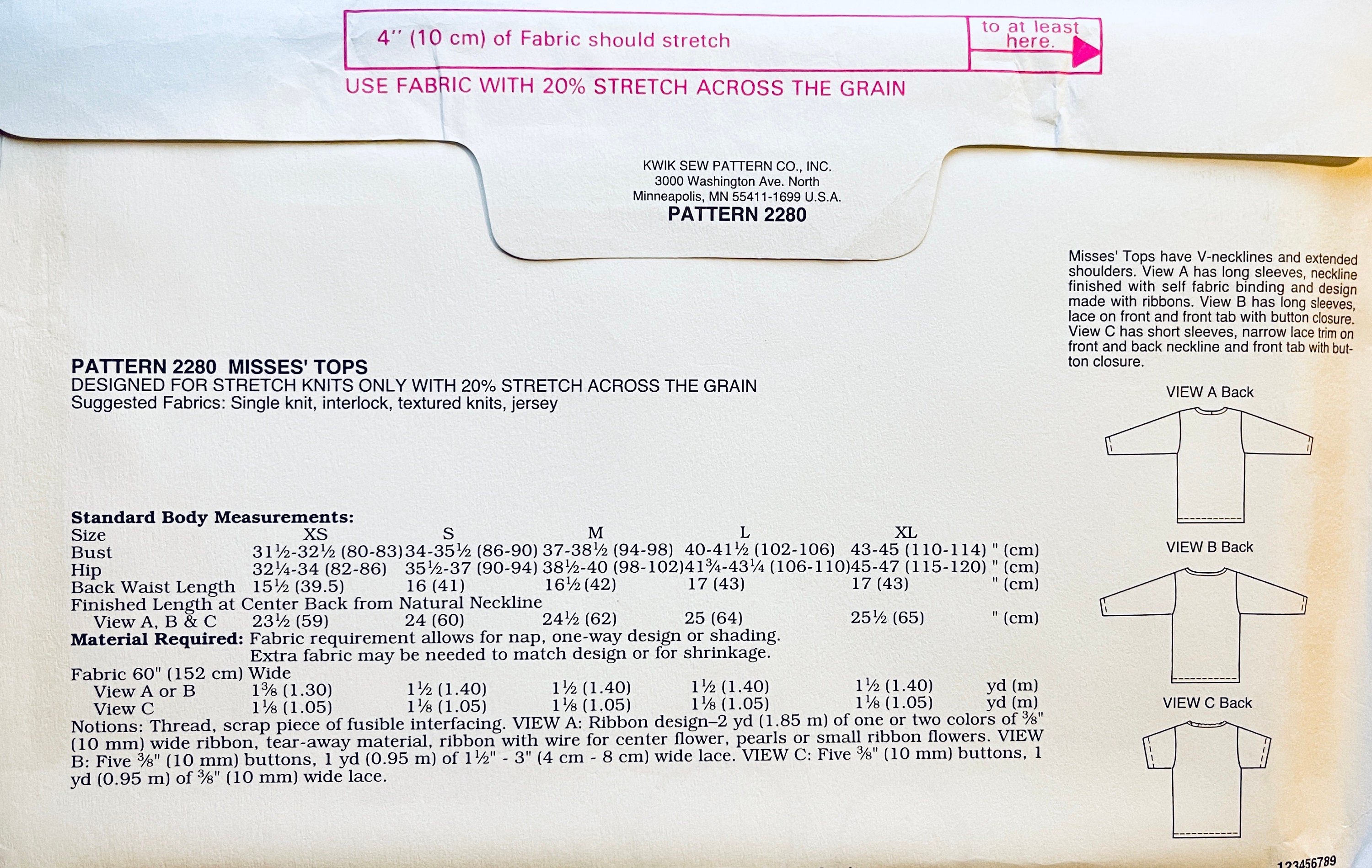 ヴィンテージ Kwik Sew 2280 Vネック プルオーバー トップ ブラウス