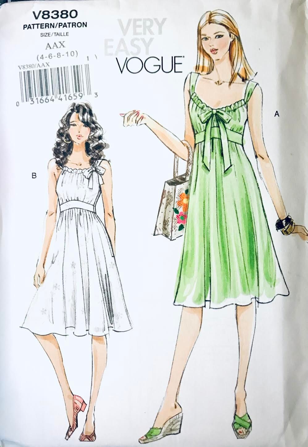 VOGUE DRESS PATTERN Empire Waist Fit & Flare Dress Bow Gathered Bodice