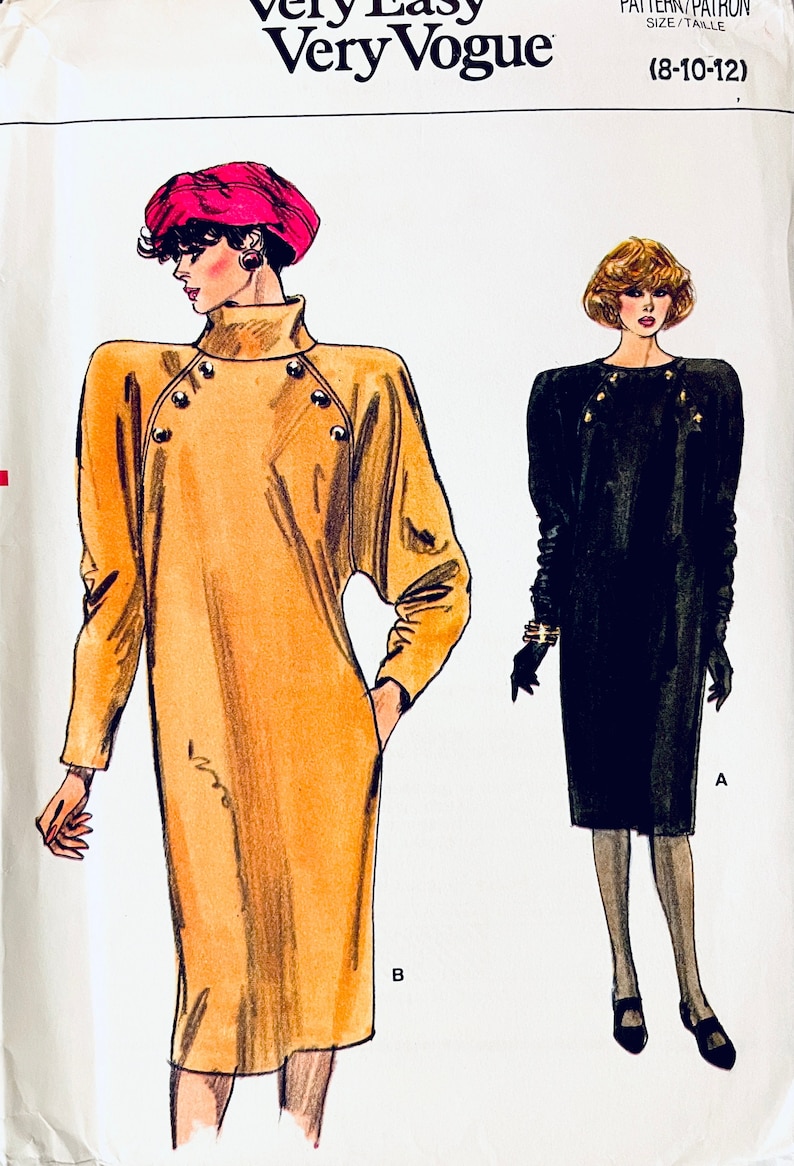 May include: A vintage sewing pattern for a dress with two different styles. The first style is a yellow dress with a high neck and long sleeves. The second style is a black dress with a round neck and long sleeves. The pattern is labeled "Very Easy Very Vogue" and includes sizes 8-10-12.