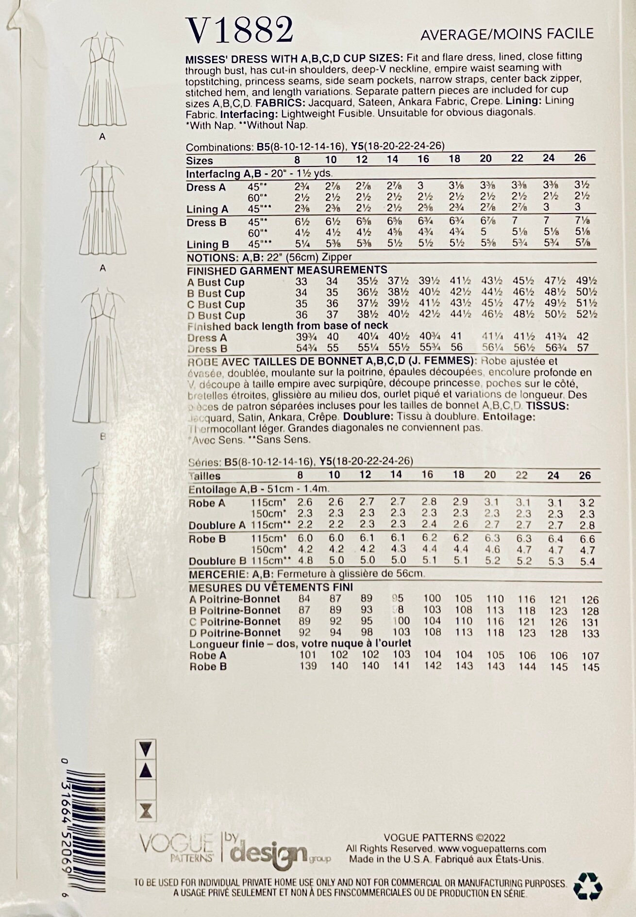 Vogue 1882 Sleeveless Dress Pattern Below Knee or Above