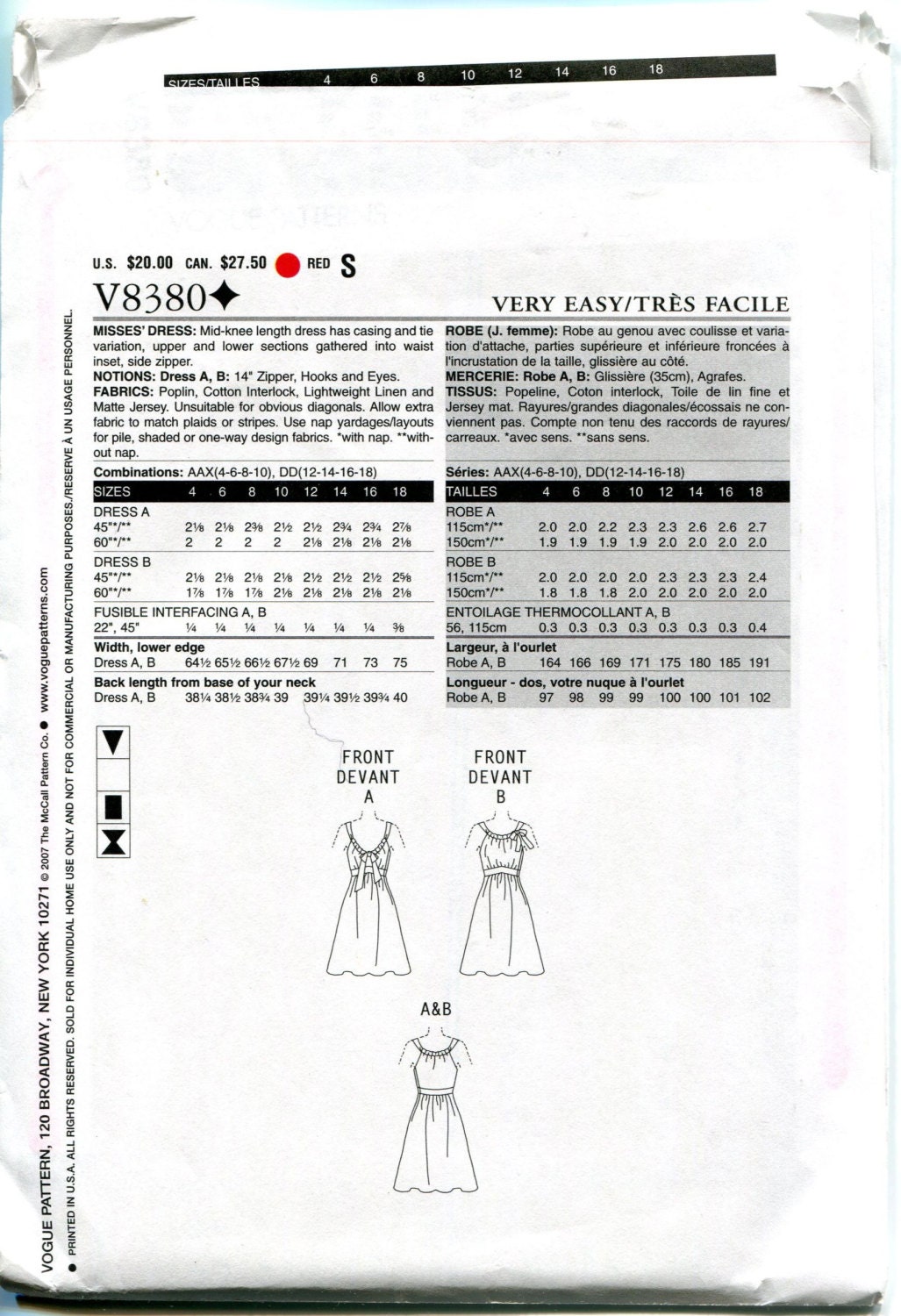 VOGUE DRESS PATTERN Empire Waist Fit & Flare Dress Bow Gathered Bodice