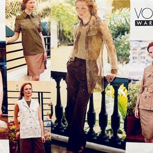 以下が含まれることがあります： Vogue Wardrobeのパターンから、女性向けファッションデザインのコラージュ。スカートスーツ、ノースリーブベスト、襟付きシャツ、長袖シャツなど、さまざまな衣装が写っています。カラーパレットは、茶色、ベージュ、タンの色合いです。