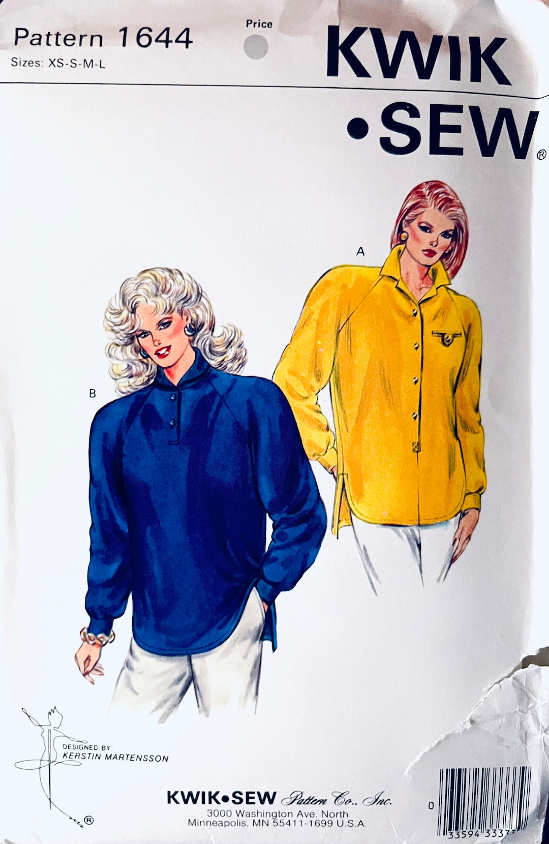 1990s Kwik Sew 1644 BLOUSE Button Front Top Shirt Sewing Patter