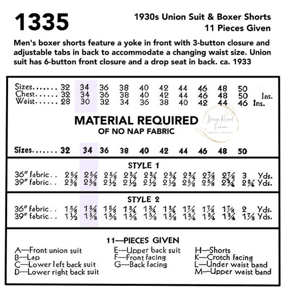 INSTANT DOWNLOAD 1930s Vintage Sewing Pattern 30s Classic Union Suit &  Boxer Shorts 34 Chest Size 34 Men's Sewing Patterns Reproduction PDF 