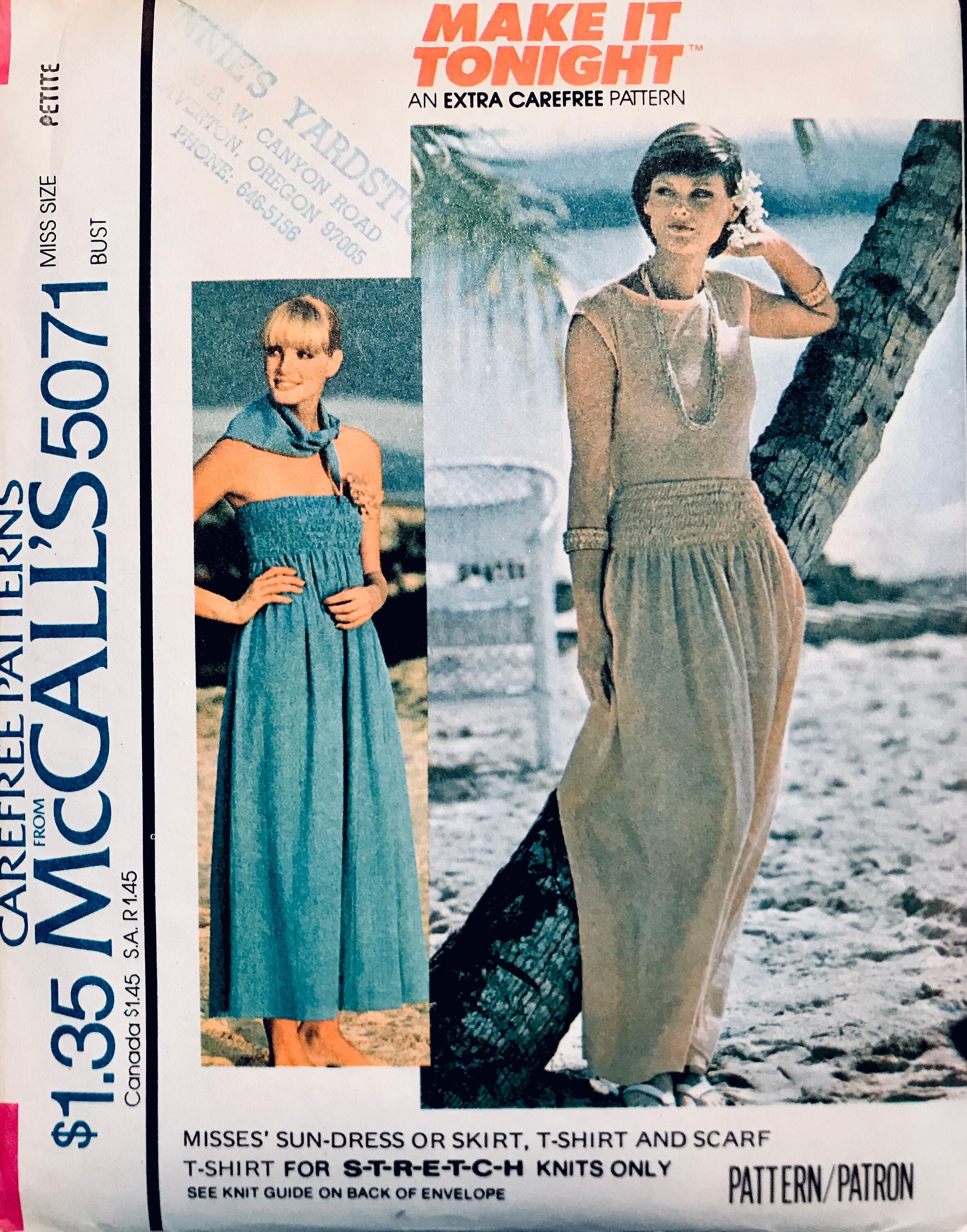 tmさん8-11-4 1970s Vintage Mccalls 5071 SUNDRESS SKIRT T-shirt & Scarf Pattern