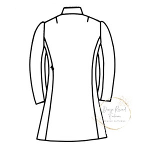 May include: Line drawing of a long-sleeved jacket with a high collar and a single button closure. The jacket has a fitted silhouette and a slightly flared hem. The drawing is in black and white and is on a white background.