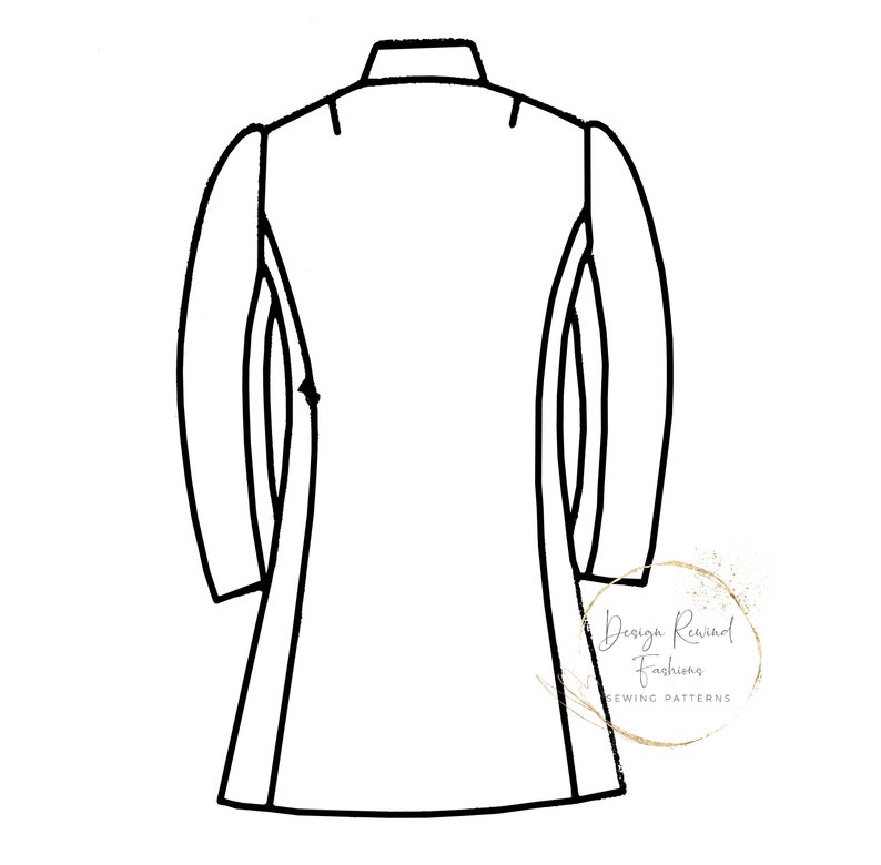 May include: Line drawing of a long-sleeved jacket with a high collar and a single button closure. The jacket has a fitted silhouette and a slightly flared hem. The drawing is in black and white and is on a white background.