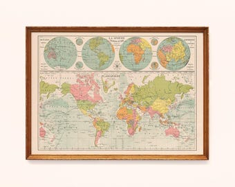 Poster: Mapa - A Esfera Terrestre / Mapa Antigo / Mapa Mundial / Mapa Mundial